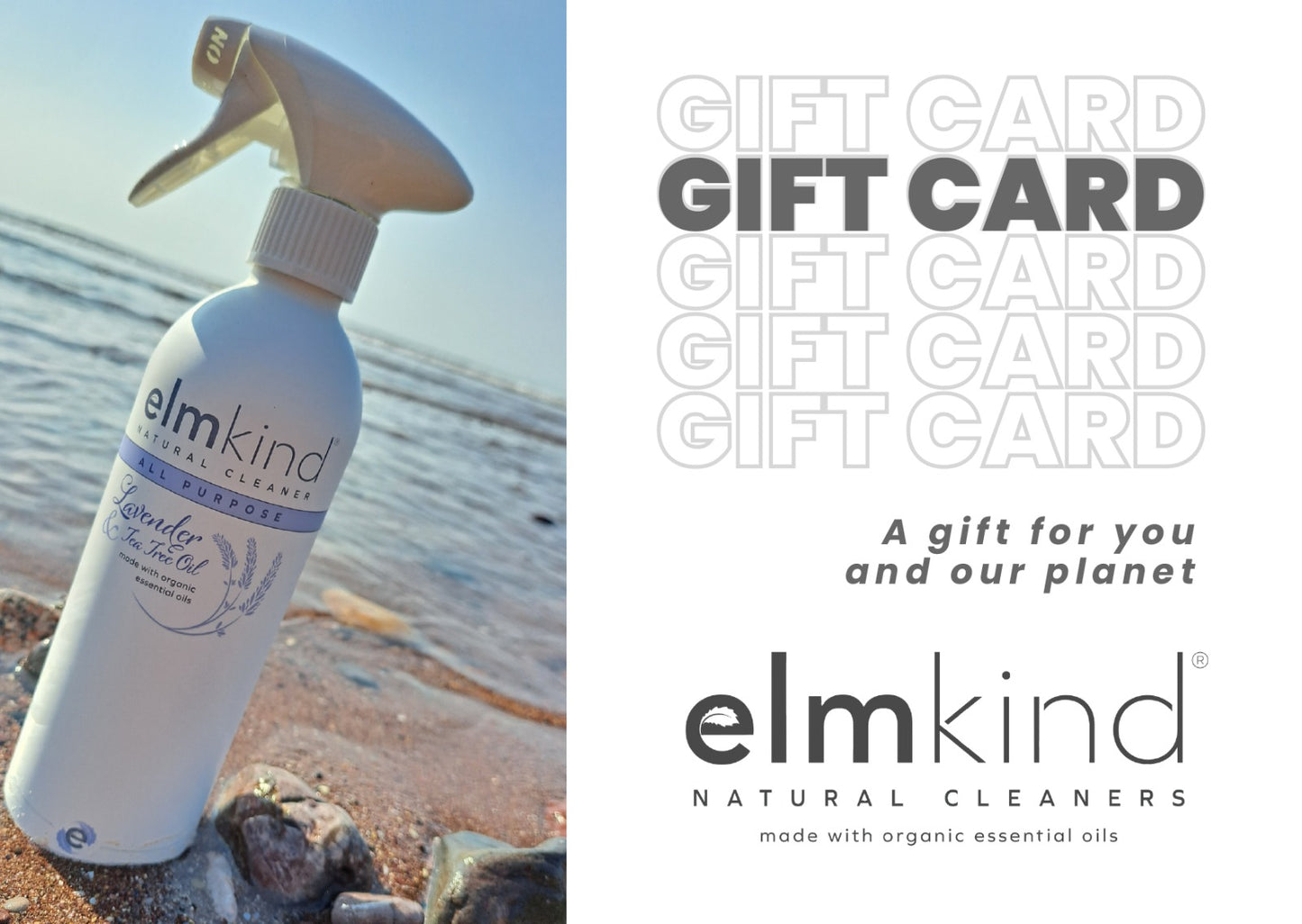 an elmkind all purpose aluminium bottle on a beach with writing to the side advertising a gift card.
