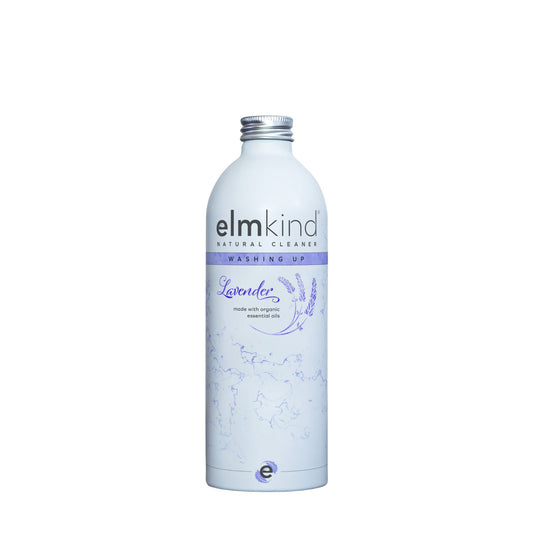 an elmkind lavender washing up liquid in a plastic free white aluminium bottle on a white background