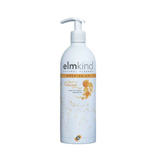 elmkind sweet orange washing up liquid aluminium bottle with white pump on a white background