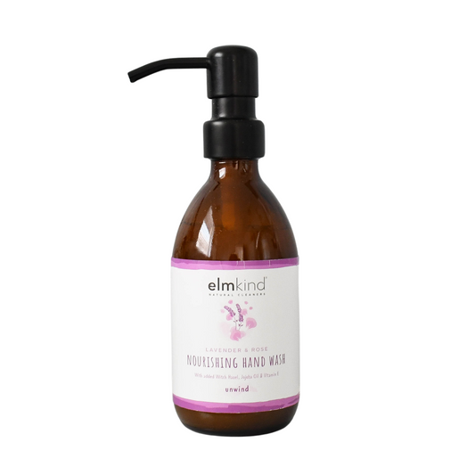 elmkind Lavender and Rose hand wash in a 250ml amber glass bottle with black metal pump on a white background