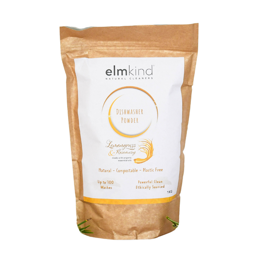 elmkind dishwasher powder 1KG, with lemongrass and rosemary essential oils in a brown plastic free paper bag with a white background