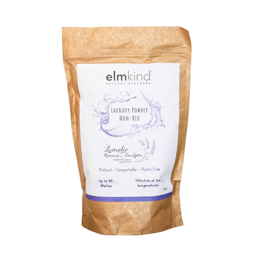elmkind laundry powder 1KG lavender, rosemary and eucalyptus in a brown plastic free paper bag on a white background