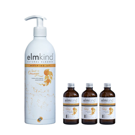 elmkind sweet orange washing up liquid bottle with 3x 100ml amber glass bottle concentrated natural refills